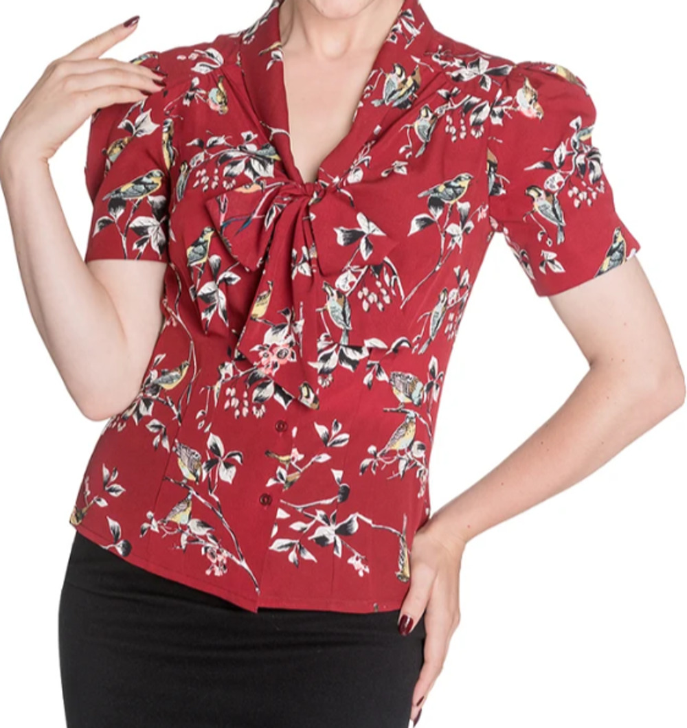 Hell Bunny Sz 12 Retro Tie-Neck Blouse Short Sleeves Fitted Bird Print Red New